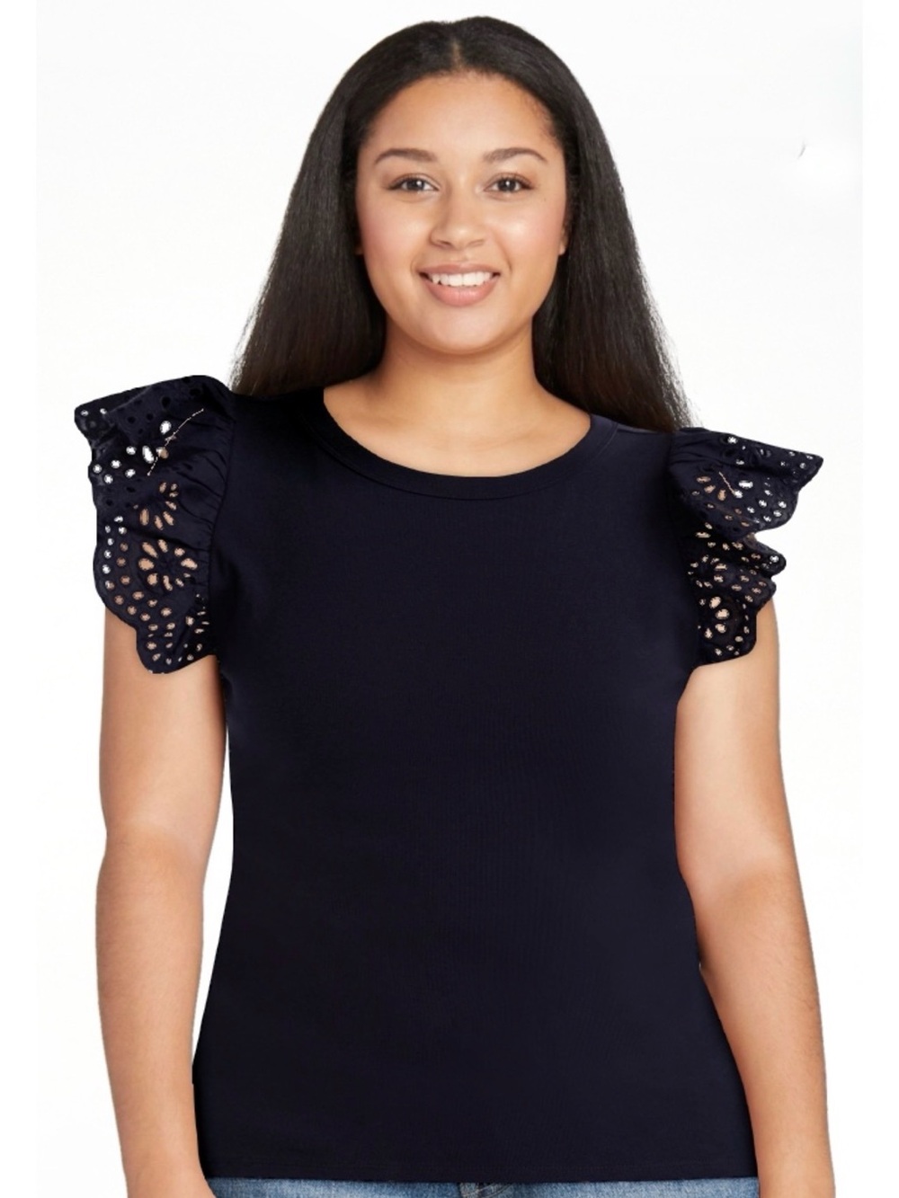 NWOT Sleeveless Navy Blue Eyelet Flutter Sleeve Tee XL